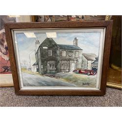 After P E Marshal (British 20th century), Car Outside Inn, water colour signed and dated; after Richard Britton (British) 'Mischief Makers' (golden labradors), colour print, together with three colour prints of dogs and embossed decorative bear scene (6) 