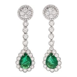 Pair of 18ct white gold pear cut emerald and round brilliant cut diamond pendant stud earrings, total emerald weight 1.55 carat, total diamond weight 1.76 carat, with World Gemological Institute Report