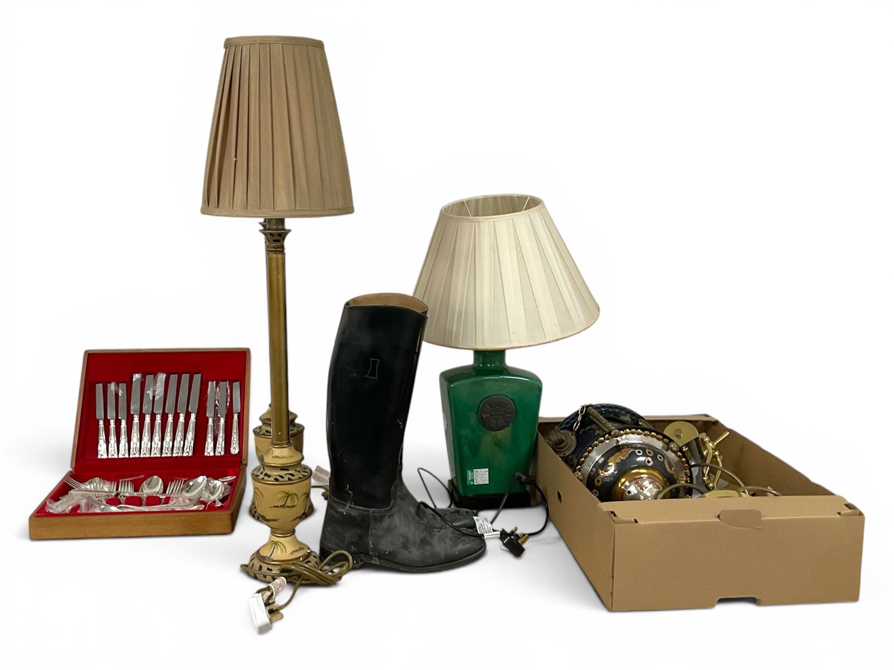 Pair of table lamps, together lantern, brass lamp and other collectables  