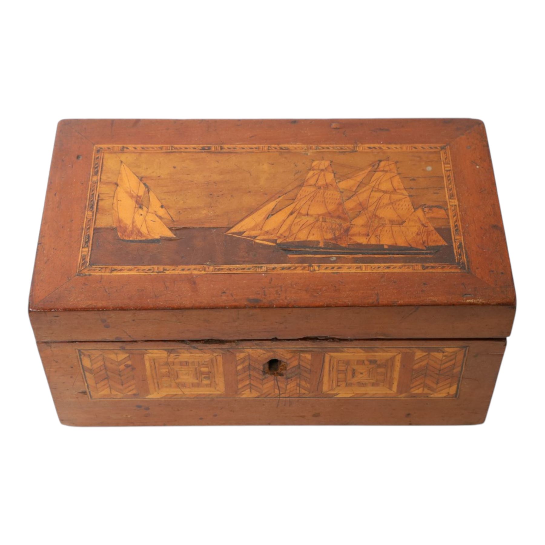 19th century satin wood marquetry inlaid correspondents box, the lid with inlaid three-masted sailing ship, opening to fitted compartments,  H1cm, L21cm, D12cm