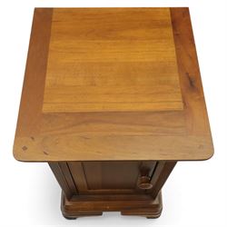 Willis & Gambier - French cherry wood bedside cabinets, each with square moulded top, frieze baize lined drawer and single cupboard door, raised on shaped plinth bases