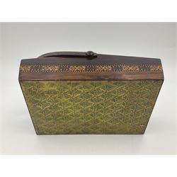 19th century rosewood Tunbridge Ware basket, of rectangular form with curved bentwood handle, and twin hinged sloping covers, lifting to reveal paper lined interiors, not including handle H5.5cm D10.5cm L18cm