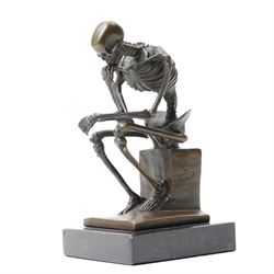 Bronze skeleton modelled as 'The Thinker', on black marble base, signed 'Milo' to plinth, H14cm