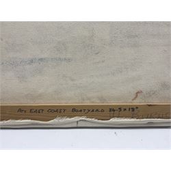 William Burns (Northern British 1923-2010): 'An East Coast Boatyard', oil on canvas unsigned, titled verso 46cm x 62cm (unframed) Provenance: Direct from the family of the artist. 
Notes: Born in Sheffield in 1923, William Burns RIBA FSAI FRSA studied at the Sheffield College of Art before the outbreak of the Second World War, during which he helped illustrate the official War Diaries for the North Africa Campaign, and was elected a member of the Armed Forces Art Society. On his return, he studied architecture at Sheffield University and later ran his own successful practice, being a member of the Royal Institute of British Architects. However, painting had always been his self-confessed 'first love', and in the 1970s he gave up architecture to become a full-time artist, having his first one-man exhibition in 1979.