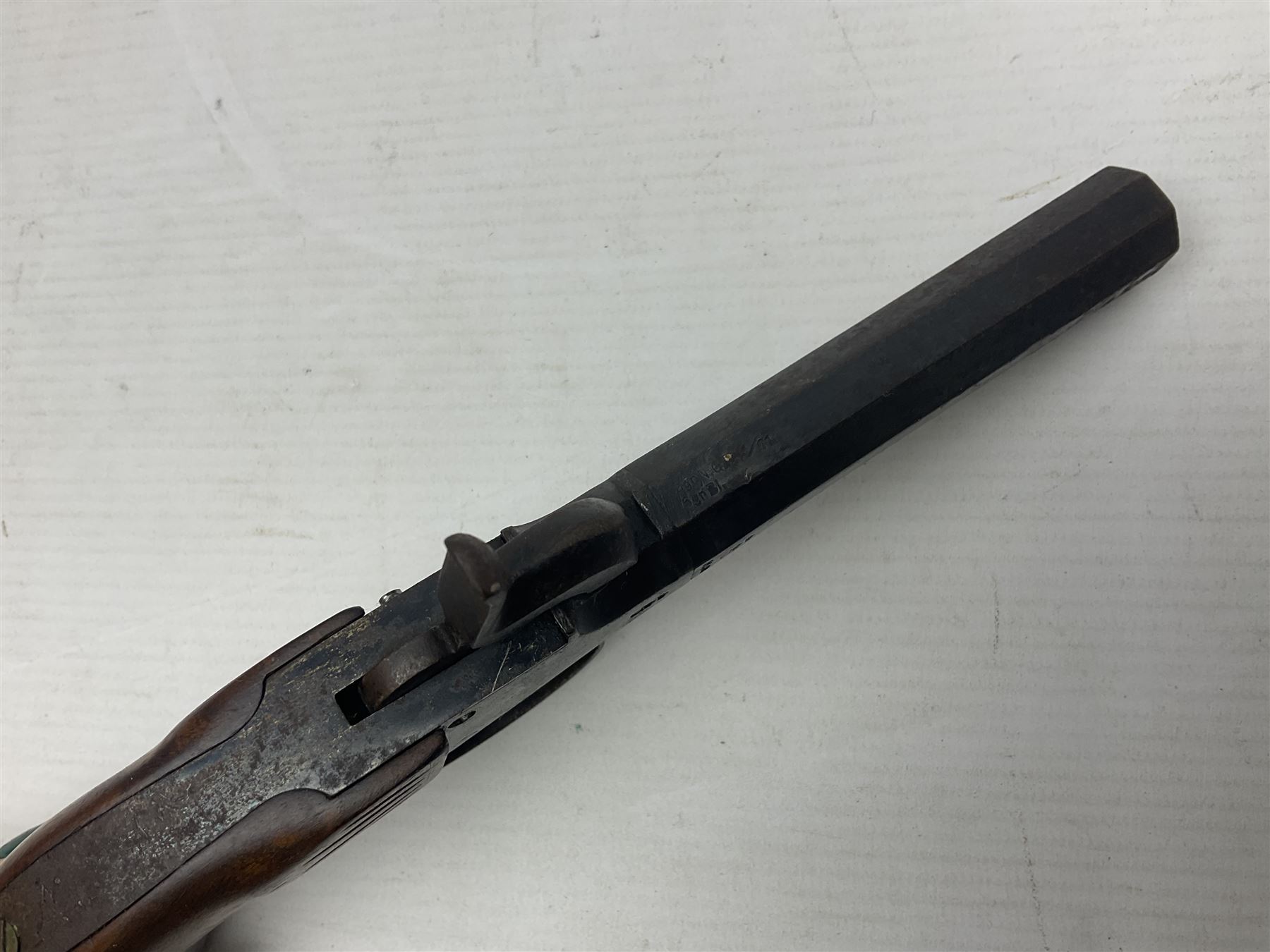 Percussion pocket pistol, 9cm octagonal barrel with German proof marks, figured walnut stock 21cm overall