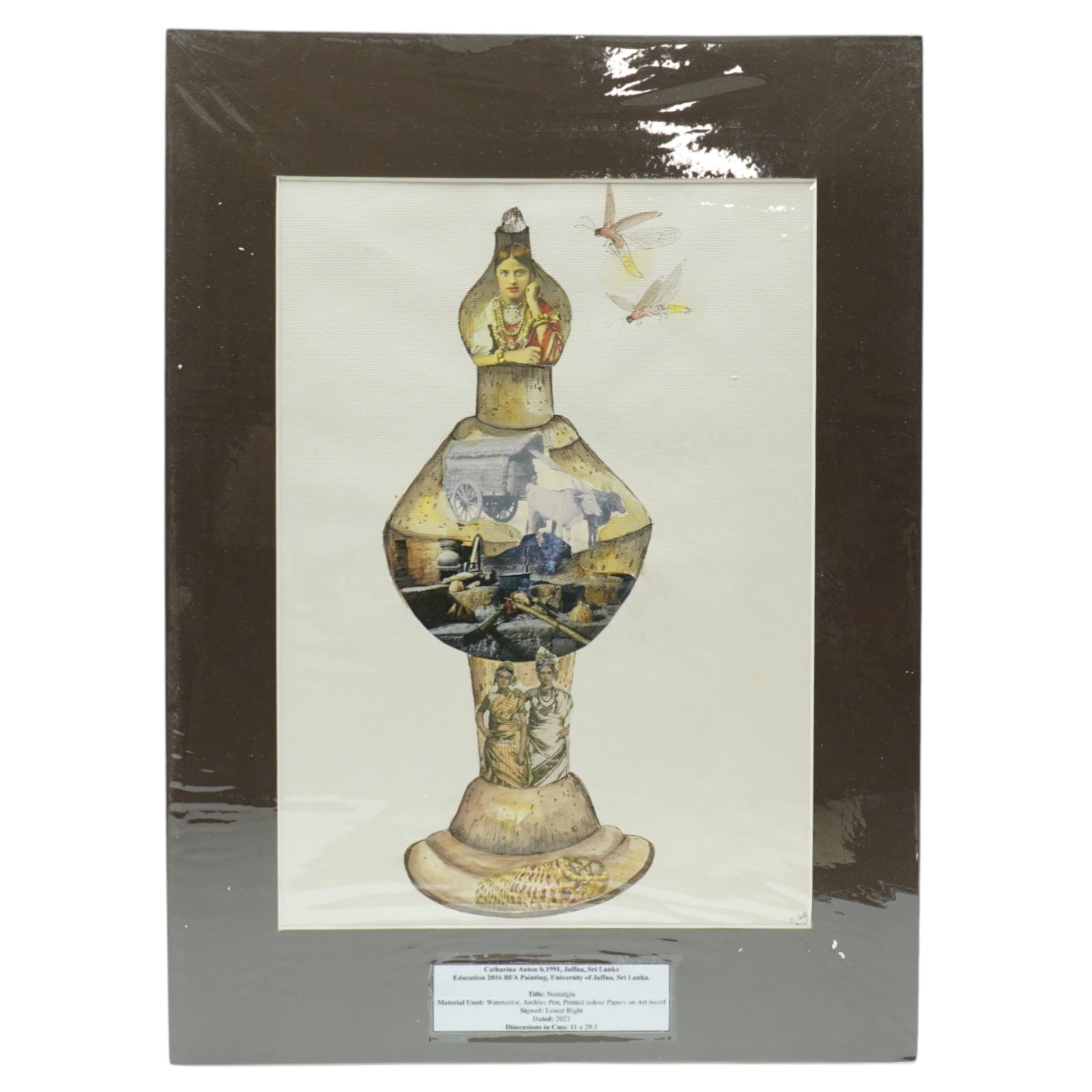 Catharina Anton Danial (Sri Lankan 1991-): 'Trinco City Map'; Mudhouse; Kettle; 'Galle Fort'; Lamp, set six watercolour and mixed media collages from 'Nostalgia' series, signed and dated 2023-2024, max 39cm x 28cm (6)
Notes: Catharina Danial is a Sri Lankan artist working with watercolour, thread, and collage to explore memory, place, and environmental change. A graduate of the University of Jaffna (BFA, 2016), she has exhibited with ARTRA Magazine, Colomboscope, and Saskia Fernando Gallery. Trinco City Map forms part of her ongoing exploration of coastal regions in Sri Lanka, drawing from field research, personal narrative, and ecological observation—particularly the impact of the economic crisis on marine life and coral ecosystems.