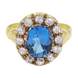18ct gold oval blue topaz and old cut diamond cluster ring, total diamond weight approx 0.60 carat