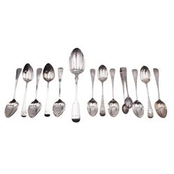 Five George IV Old English pattern teaspoons, hallmarked London 1820, maker's mark A.L, together with a set of six Edwardian foliate engraved teaspoons and pair of matching sugar tongs, hallmarked Wakely & Wheeler, London 1902, and a Victorian Fiddle pattern dessert spoon, hallmarked Charles Lias, London 1838, approximate total weight 7.23 ozt (224.9 grams)