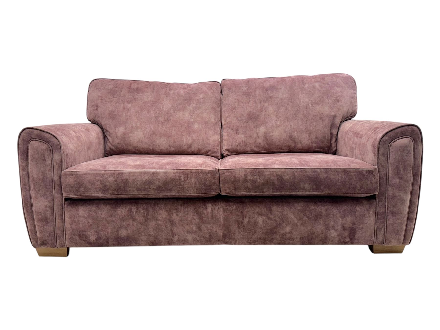 Contemporary Alstons ‘Memphis’ sofa bed, upholstered in ‘Dusk Velvet’ polyester blend, featuring broad arms, two seat cushions, and a concealed fold-out metal action bed with mattress