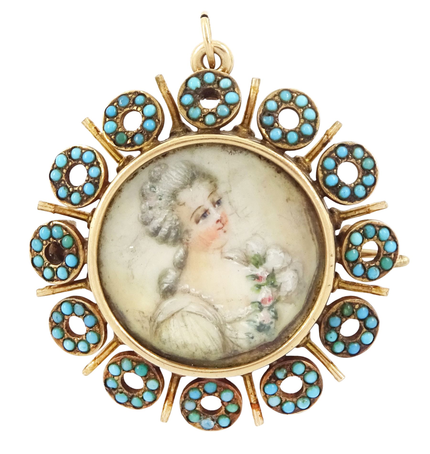19th century gold turquoise portrait brooch / pendant, set with a circular portrait of a woman in 18th century dress on ivory, under a glazed panel, within an alternating surround of turquoise set hoops and gold spokes. This lot has been registered for sale under Section 10 of the APHA Ivory Act