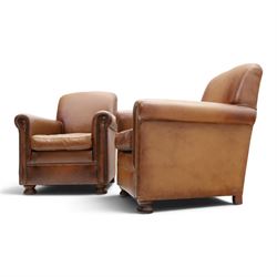 Pair of brown faux leather tub armchairs, scrolled arms with studded detail, turned front feet