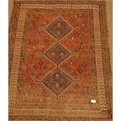  Persian Shiraz red and blue ground rug, triple staggered pole medallion on field of repeating boteh motifs, 202cm x 158cm  