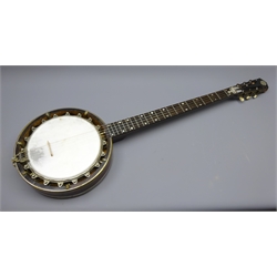  Early 20th century Alfred D. Cammeyer rosewood five-string zither banjo with chased nickel mounts and mother-of-pearl inlaid finger board, impressed The Cammeyer Music and Manufacturing Co. 97A Jermyn Street, London SW, Patent No.14721(?) with signature, inset US quarter dollar to headstock and impressed serial no.387455 L97cm  