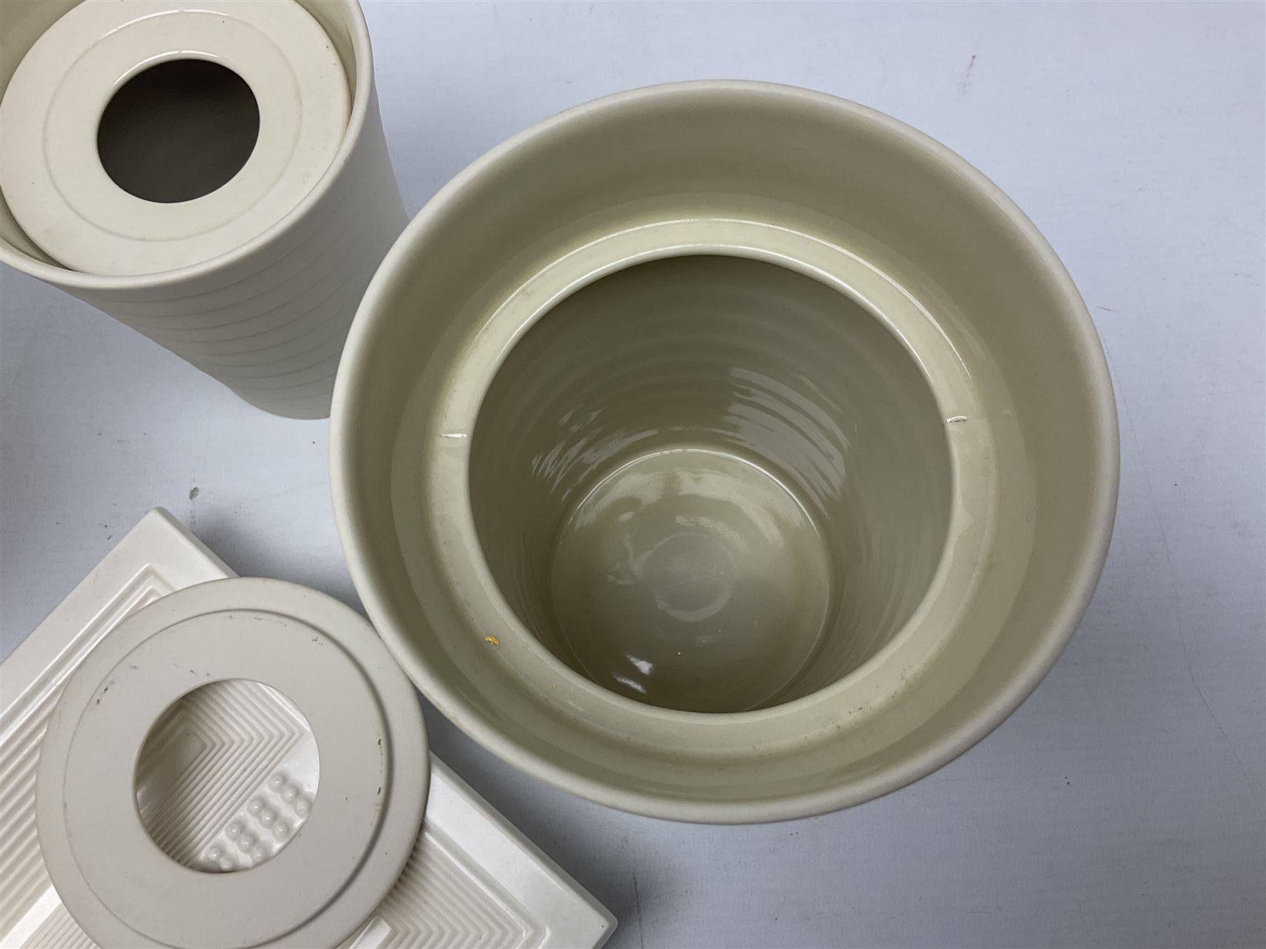 Hornsea Pottery Rainbow planter by John Clappison, together with two Horsea Concept vases with flower holders and Hornsea Stadium dish, largest example H16cm