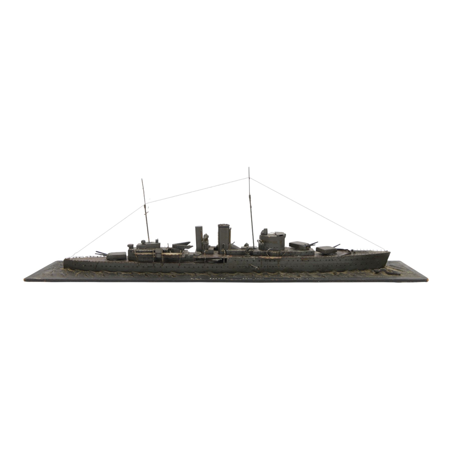  HMS Exeter, Waterline wartime metal model upon a wooden base, circa 1939-45, H24cm, L82cm  