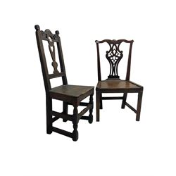 George III Chippendale design oak side chair, york cresting rail over pierced shaped splat back, solid seat raised on square supports (W52cm H93cm); 18th century oak side chair, scroll carved cresting rail with heart splat, panel seat raised on turned supports (W43cm H99cm)