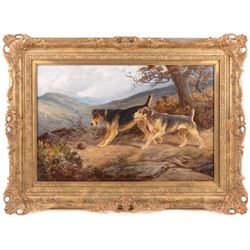 EC England (British 19th century) Two Dogs and a Hedgehog, oil on canvas signed 39cm x 60cm