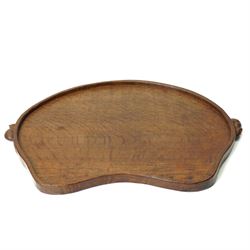 Mouseman - adzed oak kidney shaped tea tray, with twin carved mouse signature handles, by the workshop of Robert Thompson of Kilburn