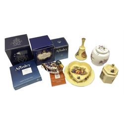 Royal Crown Derby paperweight in the form of a mallard duck, with gold stopper, together with Aynsley Orchard Gold lidded jar, bell, dish and plate, and Derby Posies pattern jar and cover, four with boxes