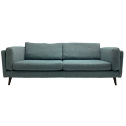 Contemporary large three-seat sofa upholstered in blue textured fabric, on splayed tapering feet