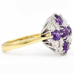 18ct gold amethyst and diamond cluster ring, five round cut amethysts, spaced by twelve round brilliant cut diamonds, London 1979, total diamonds 0.67 carat