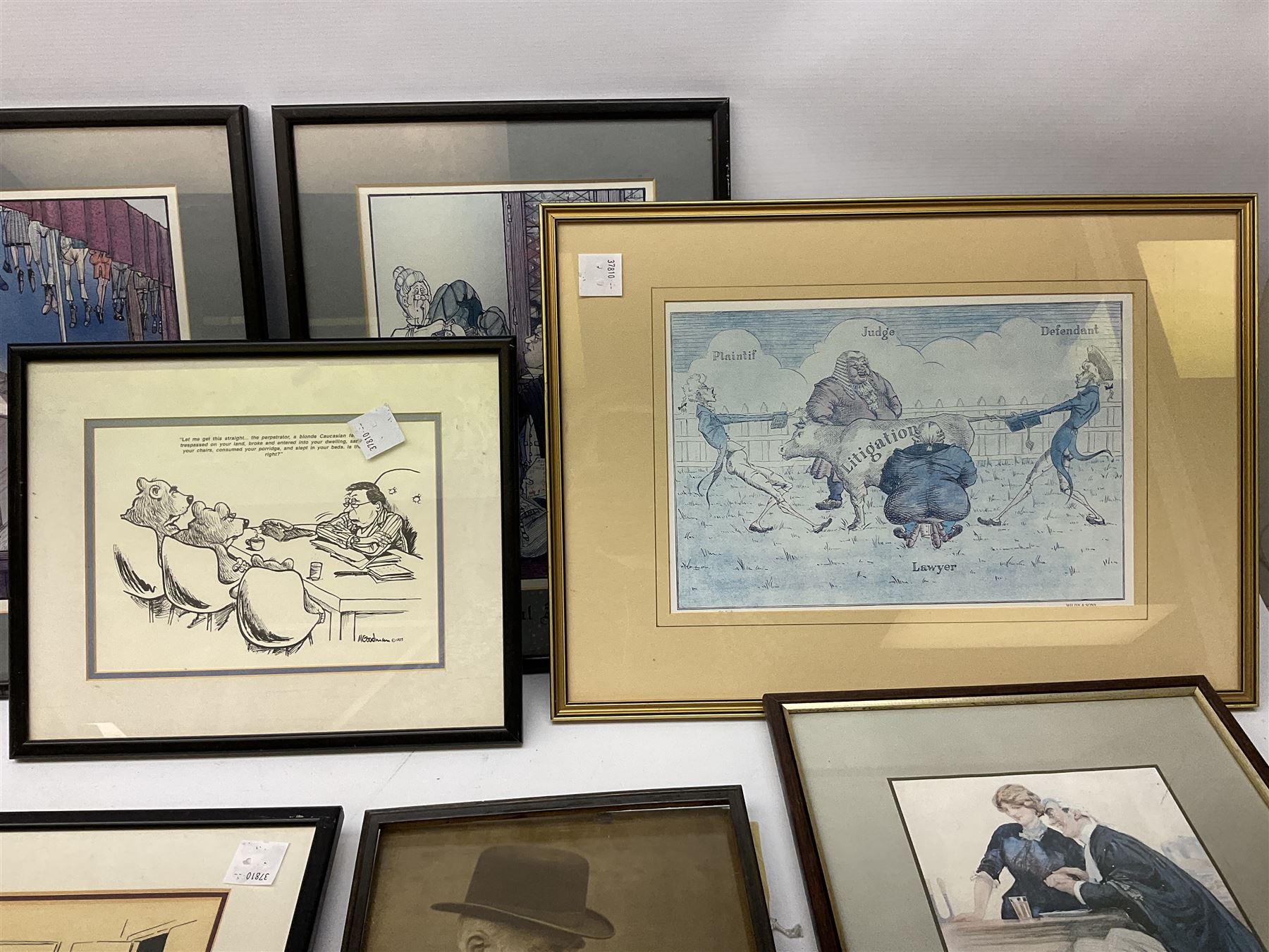 After Tony Kentuck set four courtroom cartoon prints, together with vintage reproduction of 19th Century advert, and further cartoons and prints (15)