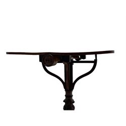 Unusual William IV mahogany Sutherland table, figured and book-matched rectangular drop-leaf top on cylindrical barrel movement, turned roundels to each end, on turned pedestal with acanthus carved baluster, shaped platform with four extended paw feet