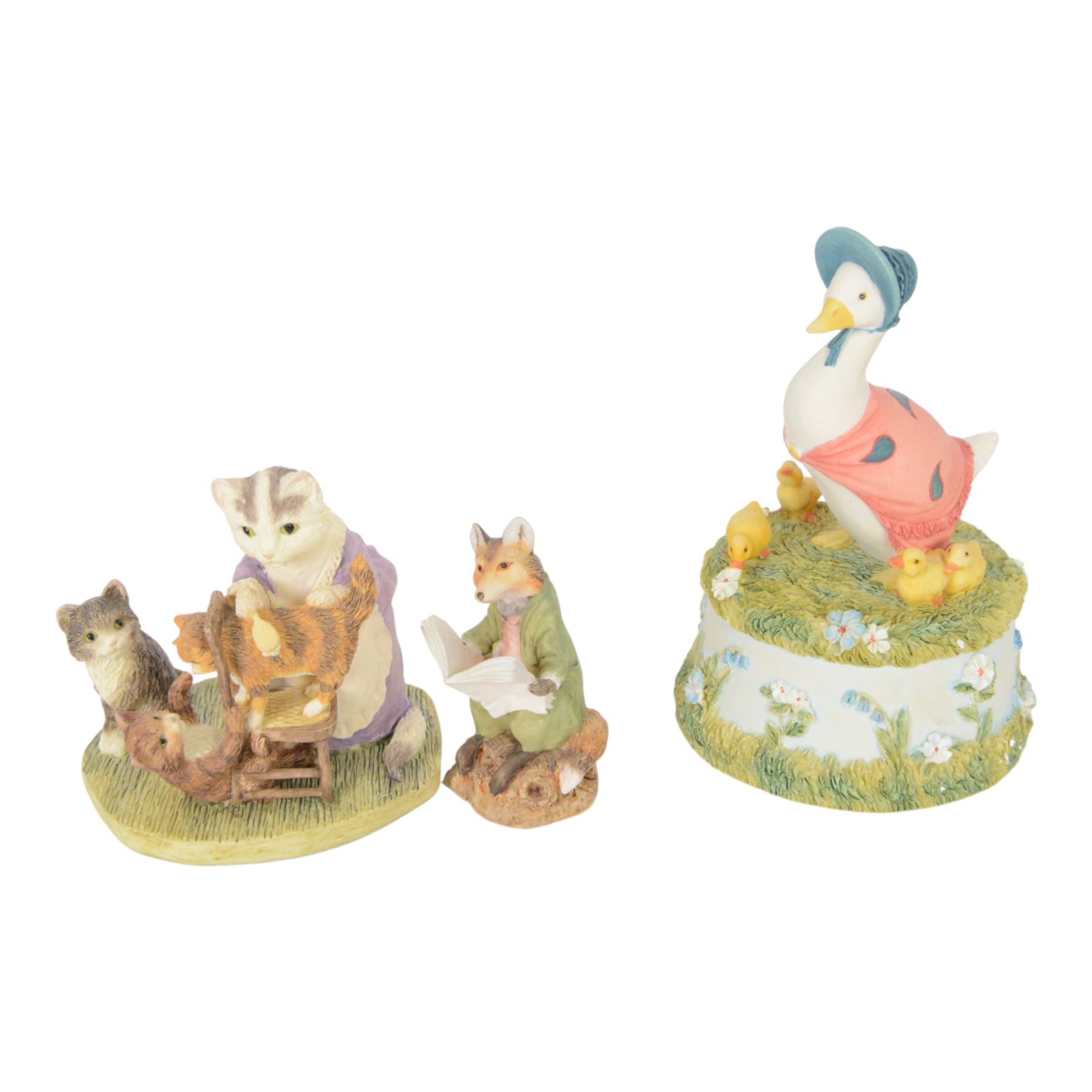 Nineteen Border Fine Arts 'The World of Beatrix Potter' figures, including musical Jemima Puddleduck, Tabitha Twitchet Brushing Kittens and Peter Rabbit in the Garden, all boxed