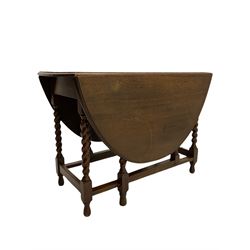 Early 20th century oak barley twist drop leaf dining table (105cm x 154cm, H74cm), and four chairs 