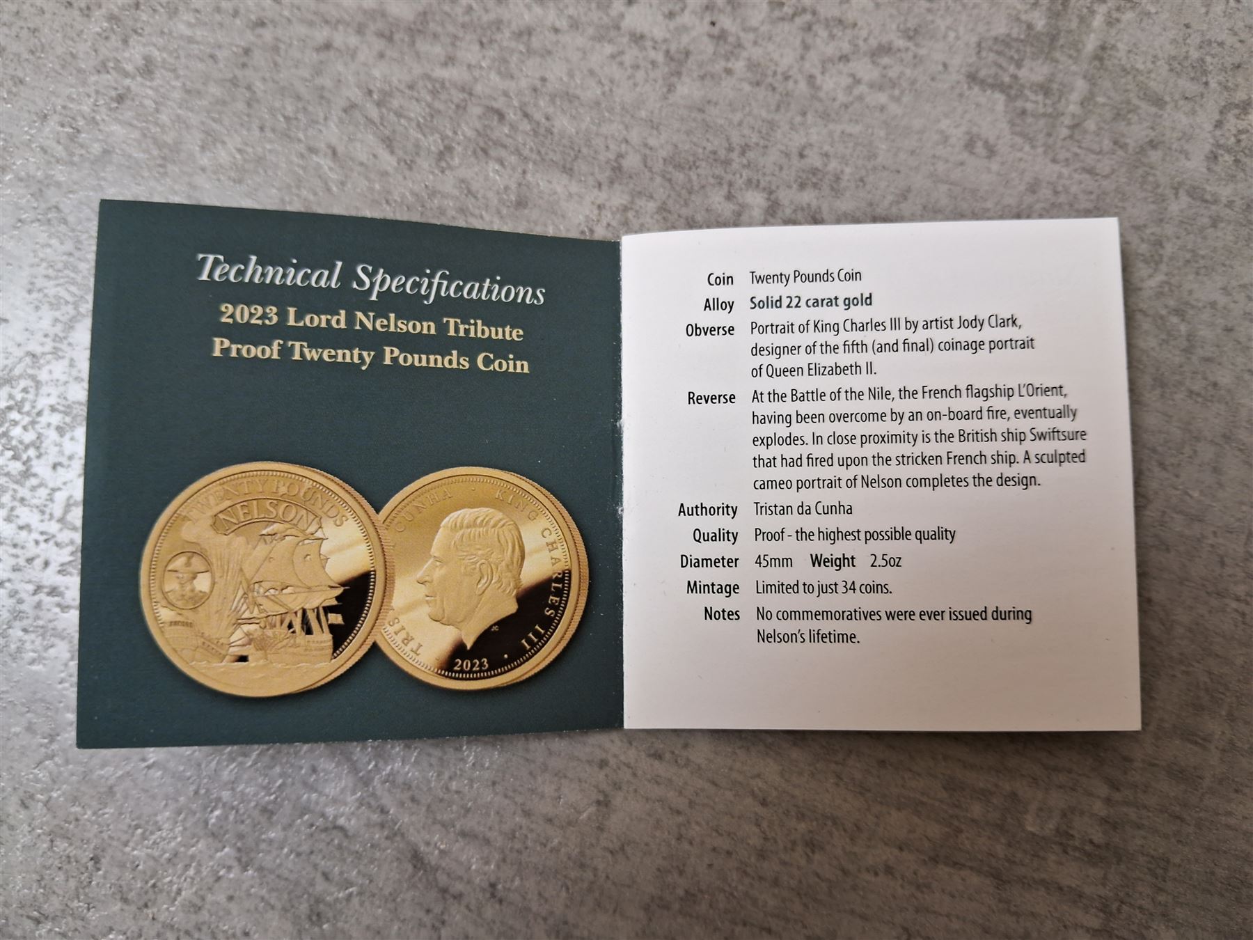 King Charles III Tristan da Cunha 2023 'Lord Nelson Tribute' gold proof twenty pounds coin, cased and boxed with certificate