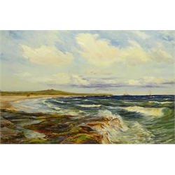  Joseph Jobling (British 1870-1930): 'An Easterly Breeze' - St Mary's Lighthouse Whitley Bay, oil on canvas signed and dated 1907, 49cm x 74cm Provenance: Laing Gallery Newcastle 'Third Northern Counties Artists' Exhibition' February 1908 No.370 with T B & R Jordan Stockton-on-Tees, label verso private collection   