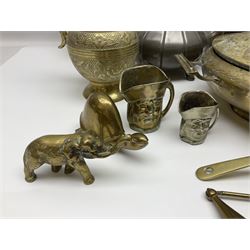 Collection of brassware, to include, kettles, jugs, owl figures etc
