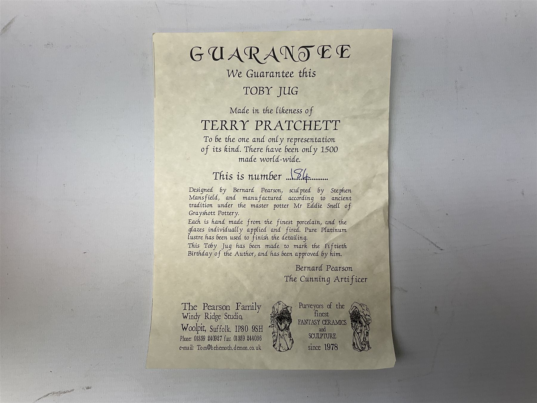 Grayshott Pottery limited edition Terry Pratchett character jug 184/1500, with certificate, H19cm