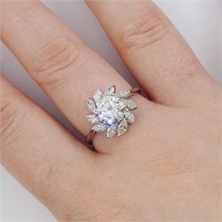 Platinum diamond cluster ring, the principal transitional cut diamond of approx 1.30 carat, surrounded by ten marquise cut diamonds, stamped Plat, total diamond weight approx 1.80 carat