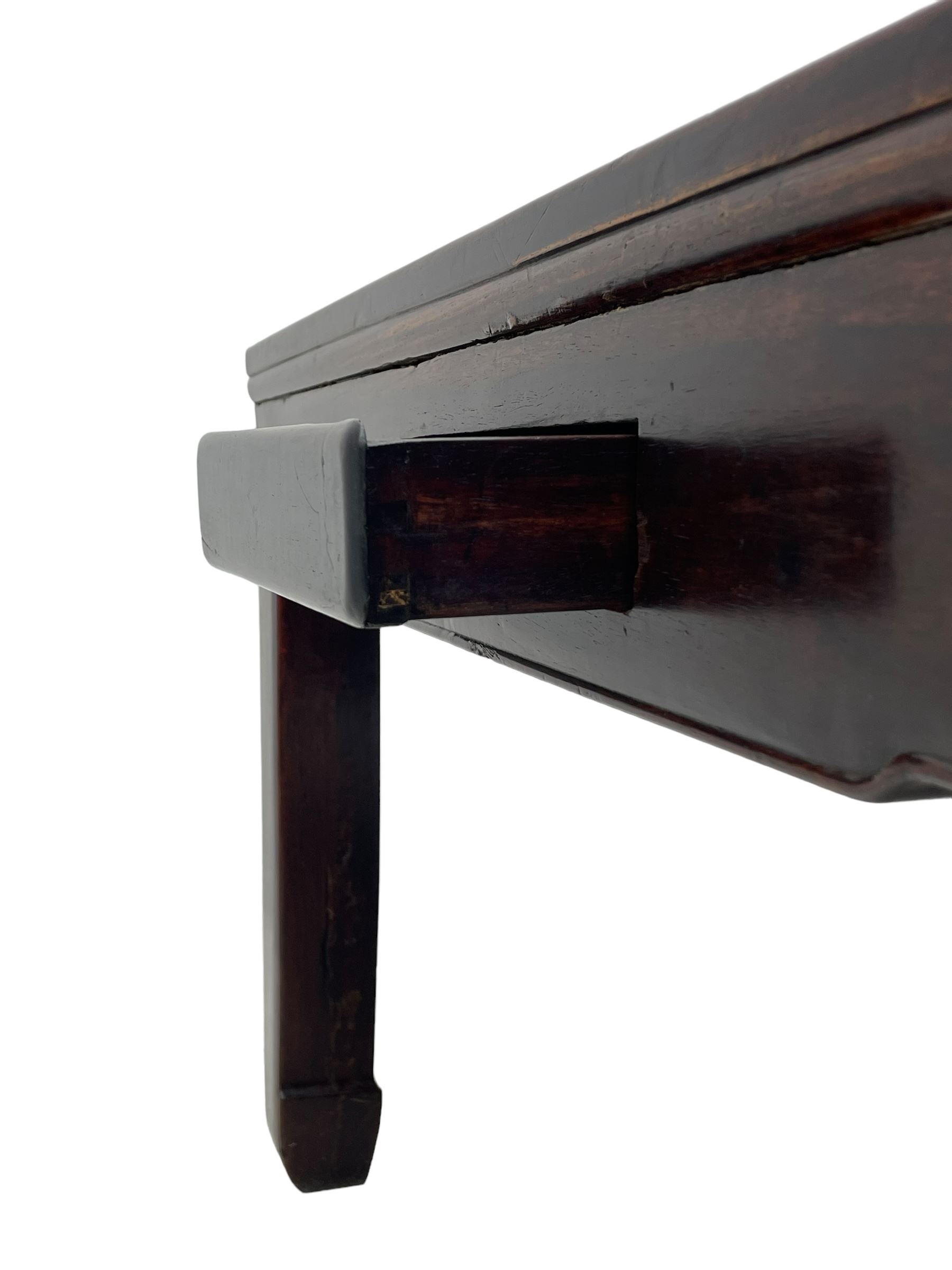 Fine 19th century Chinese Qing dynasty hmong wood mahjong or coffee table, Ming design, square top with raised moulded lip, each side fitted with small drawer, on square supports with hoof feet