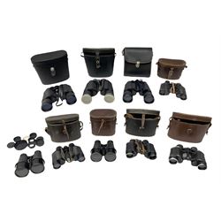 Nine binoculars to include Prinz 10x50, Prinzlux 10x50,  Ellgee Cadet 8x25, Mark Scheffel 35x50 etc, eight with cases