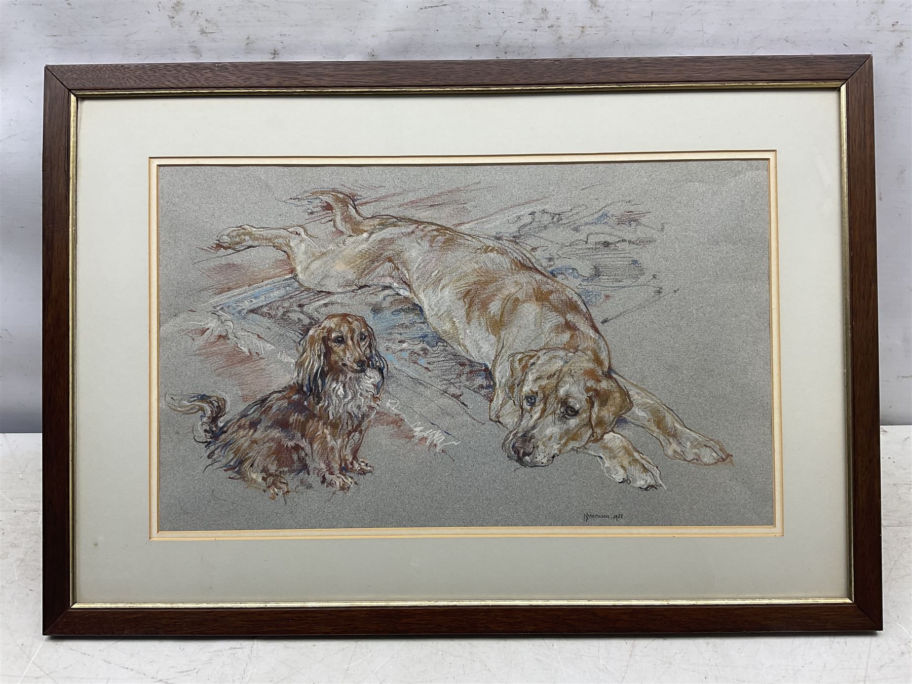 Dennison (20th Century): Two Dogs on a Rug, pastel indistinctly signed and dated 1988, 28cm x 48cm 
