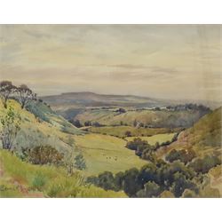 Edward H Simpson (British 1901-1989): 'Evening above Hackness', watercolour signed 36cm x 45cm; Mona Frow (British 20th century): 'Beech Trees', watercolour signed, titled on gallery label verso 26cm x 37cm (2)