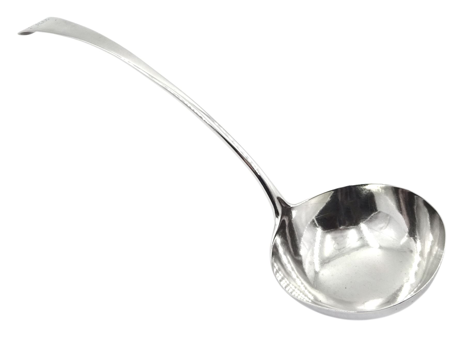 George III silver Old English pattern ladle, with engraved monogram to terminal, bottom struck, hallmarked John Lambe, London 1780, approximate silver weight 5.59 ozt (174 grams)