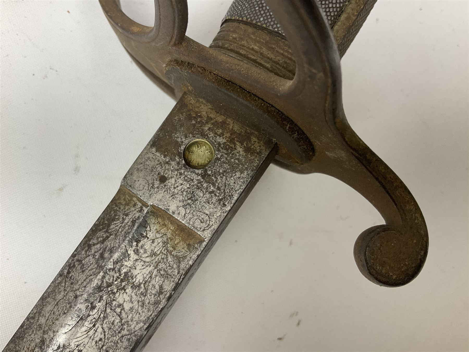 Victorian artillery officer's sword, the 90cm fullered steel blade by E. Thurkle Denmark Street Soho London decorated with Victoria cypher, Regimental crest and 'Royal Artillery', three-bar hilt with stepped pommel and wire-bound fish skin grip; in leather covered scabbard L107cm overall