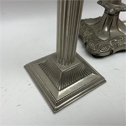Pair of Corinthian column candlesticks, and a silver plated lamp, candlesticks H26cm