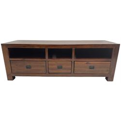 Contemporary hardwood television entertainment stand, fitted with three drawers over three open shelves, on square feet