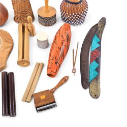 Collection of percussion instruments, including pair of metal maracas, cabasa, shekere, gourd maraca, guiro, wooden maracas, plastic castanets, etc