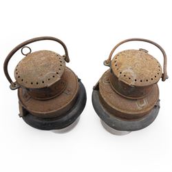 Pair of Great Western railway carriage pot lamps with original glass shades, stamped 'Return to General Stores Swindon' numbered 44 and 119 H41cm