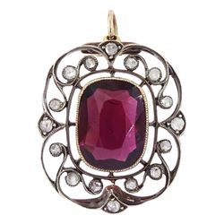 Early 20th century 15ct gold and silver cushion cut garnet and rose cut diamond pendant, garnet approx 5.70 carat