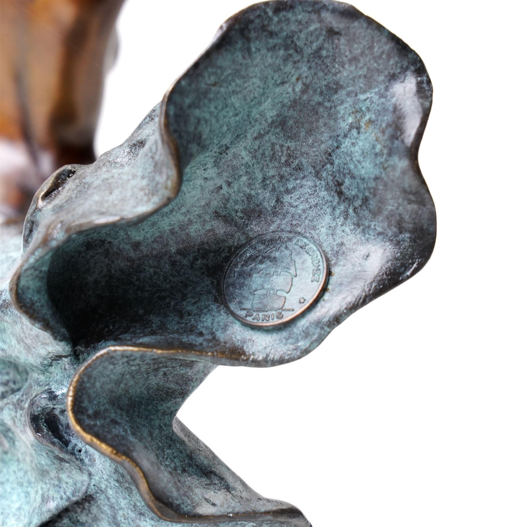 After Angelo Basso - art nouveau style bronze of a lady caught in the wind, on marble base, H31cm