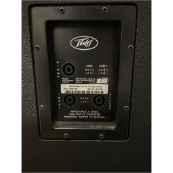 Peavey XR-696F 1200W Amplifier, serial no.K0241228, L47cm; with two Peavey UL bass bins L56cm and two Peavey top speakers L45cm with connecting rods; all with covers; and quantity of heavy duty cables, two microphone cables and microphone stand