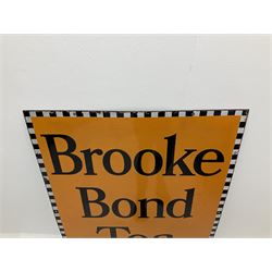 A large enamel advertising sign for Brooke Bond tea, detailed 'Brooke Bond Tea is good tea' in black lettering upon an orange ground with black and white chequered border, H101.5cm, W76cm. 