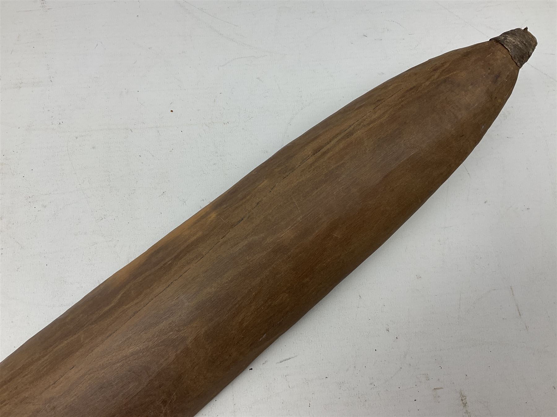 Australian Aboriginal shield, carved with Kangaroo and Emu, 74.5cm; Spear painted with aquatic creatures 78cm, and Spear thrower 81cm (3)