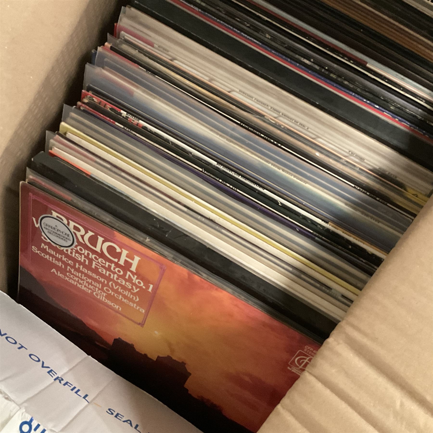 Collection of vinyl LP records in four boxes, mainly Jazz and Classical including Piano Rags by Scott Joplin, Sarah Vaughn, Duke Ellington and His Orchestra and Louis Armstrong, etc